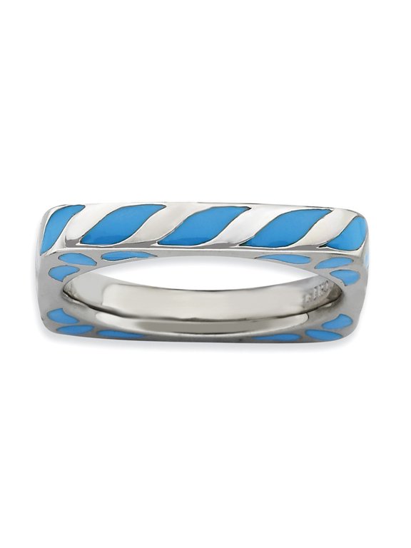 3.25mm Sterling Silver Stackable Polished Blue Enameled Square Ring - 5.3 Grams - Size 5