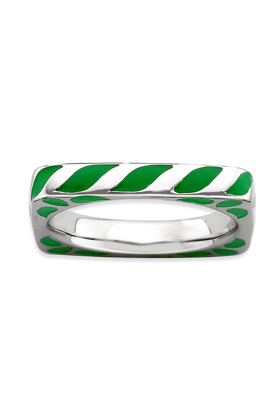 3.25mm 925 Sterling Silver Stackable Polished Green Enameled Square Ring Size 7 Stackable Ring for Women