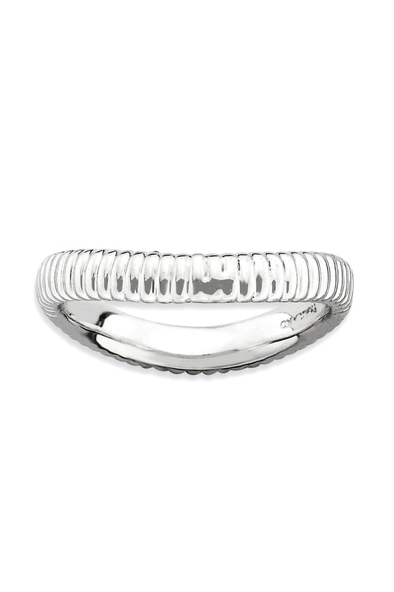 3.25mm 925 Sterling Silver Textured Patterned Stackable Polished Rhodium Plate Wave Ring Size 7 Stackable Ring for Women