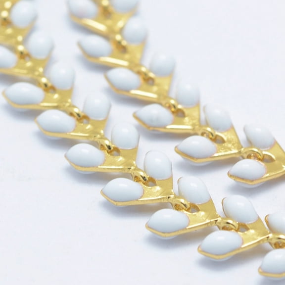 3.28 Feet Brass Handmade Chains Unwelded with Enameled Cobs Long-Lasting Plated Leaf Real 18K Gold Plated White 6.5x6x0.5mm