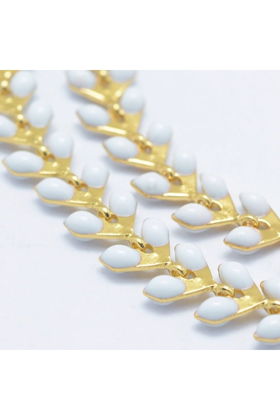 3.28 Feet Brass Handmade Chains Unwelded with Enameled Cobs Long-Lasting Plated Leaf Real 18K golden Plated White 6.5x6x0.5mm