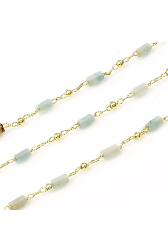 3.28 Feet Handmade Natural Amazonite Beaded Chains Real 18K golden Plated Plated Brass Chains Soldered 4-5x2-2.5mm