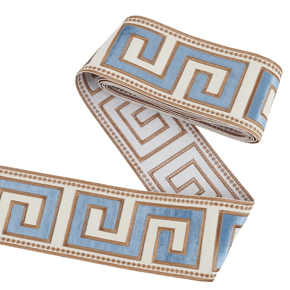 3.28 Yards Embroidered Drapery Trim 3-3/4 inch Wide Polyester Jacquard Grid Ribbon Steel Blue Drapery Trim for Curtain Geometric Ribbon for Drapes
