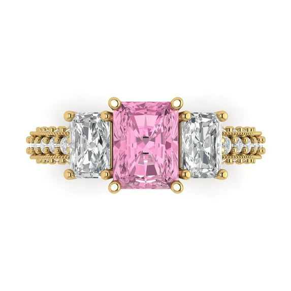 3.61 ct Emerald Cut Simulated Pink Diamond 3 Stone 18K Yellow Gold Womens Engagement Ring
