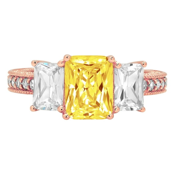 3.61 ct Emerald Cut Simulated Yellow Diamond 3 Stone 18K Rose Gold Womens Engagement Ring