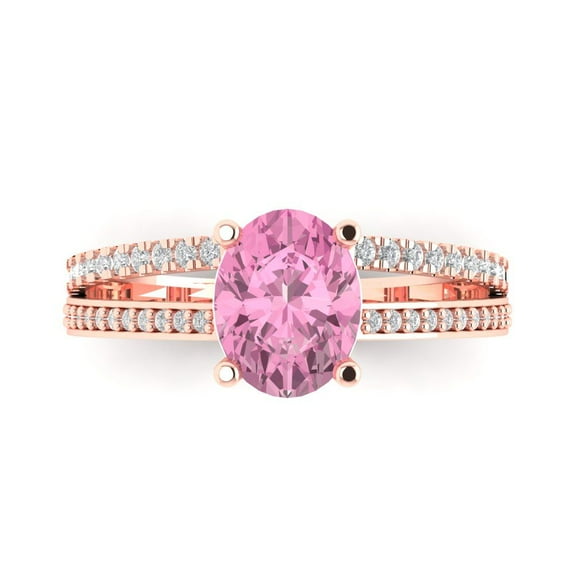 2.32 ct Oval Cut Simulated Pink Diamond Solitaire with Simulated Diamond Accents 18K Rose Gold Womens Engagement Ring