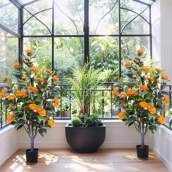 3.2FT Artificial Camellia Tree, Faux Camellia Plant Fake Potted Camellia Flower Tree, Orange Faux Potted Plant, Indoor Outdoor Decor for Home, Office, Porch, , Pack of 2