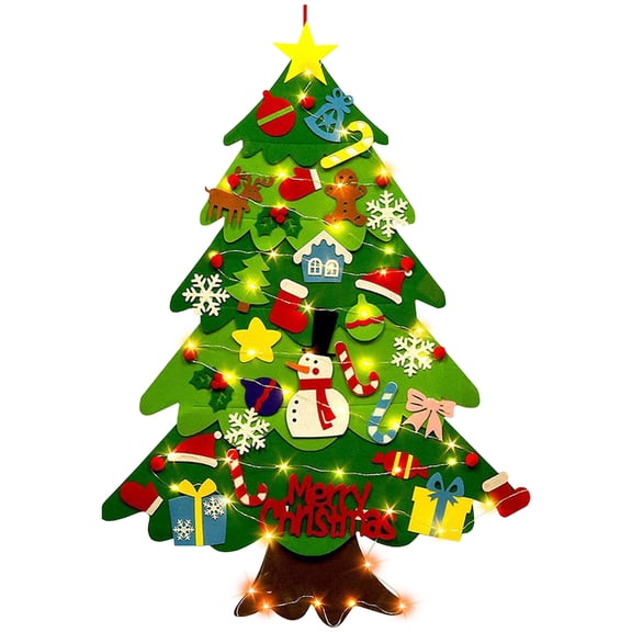3.2FT DIY Felt Christmas Tree With LED Lights, 32PCS Detachable Ornaments for Wall Hanging Home Party Christmas Decor(Batteries Not Included)