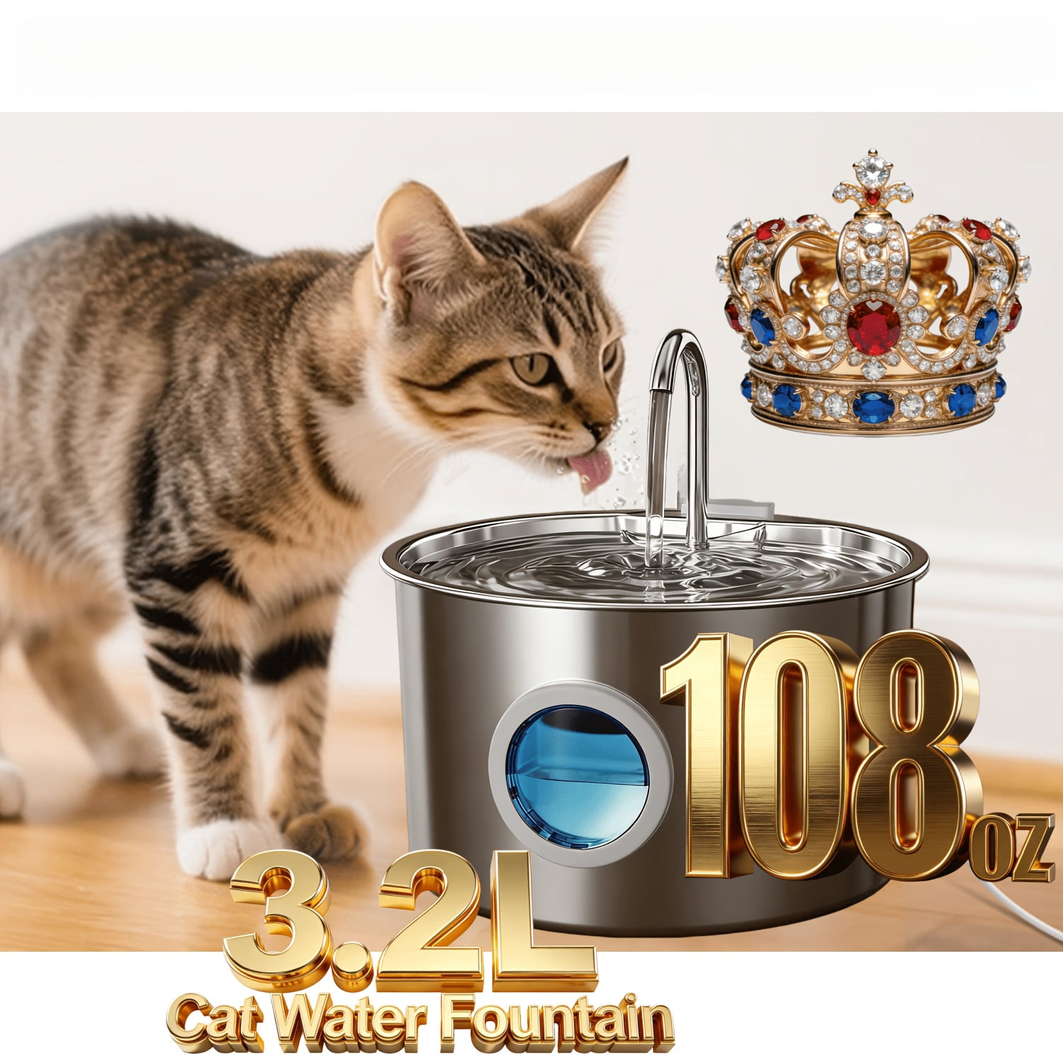 3.2L/108oz  Water Fountain Stainless Steel, Automatic Pet Water Dispenser, Ultra Quiet pump, Visible Water Level, Filtered Drinking Fountain for Cats