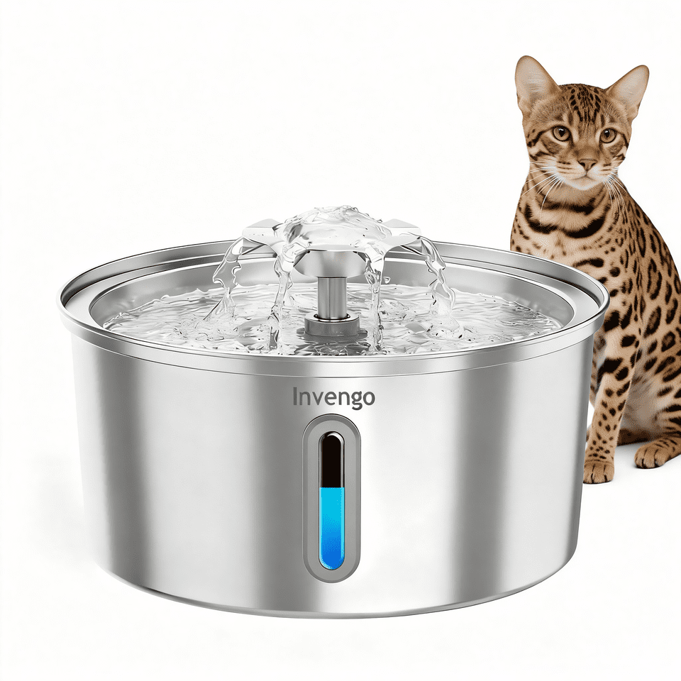 3.2L/108oz Stainless Steel Cat Water Fountain, Invengo Automatic Pet Water Dispenser with 2 Flow Modes, BPA-Free, Food-Grade Metal, Ultra-Quiet Pump, Healthy Water Fountain for Indoor Cats &Dogs