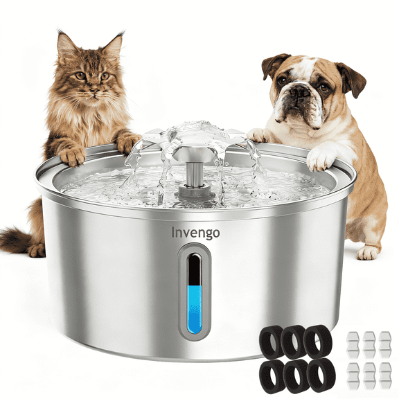3.2L/108oz Stainless Steel Cat Water Fountain, Invengo Automatic Pet Water Dispenser with 6 Replacement Filters&Sponges, Food-Grade Metal, Ultra-Quiet Pump