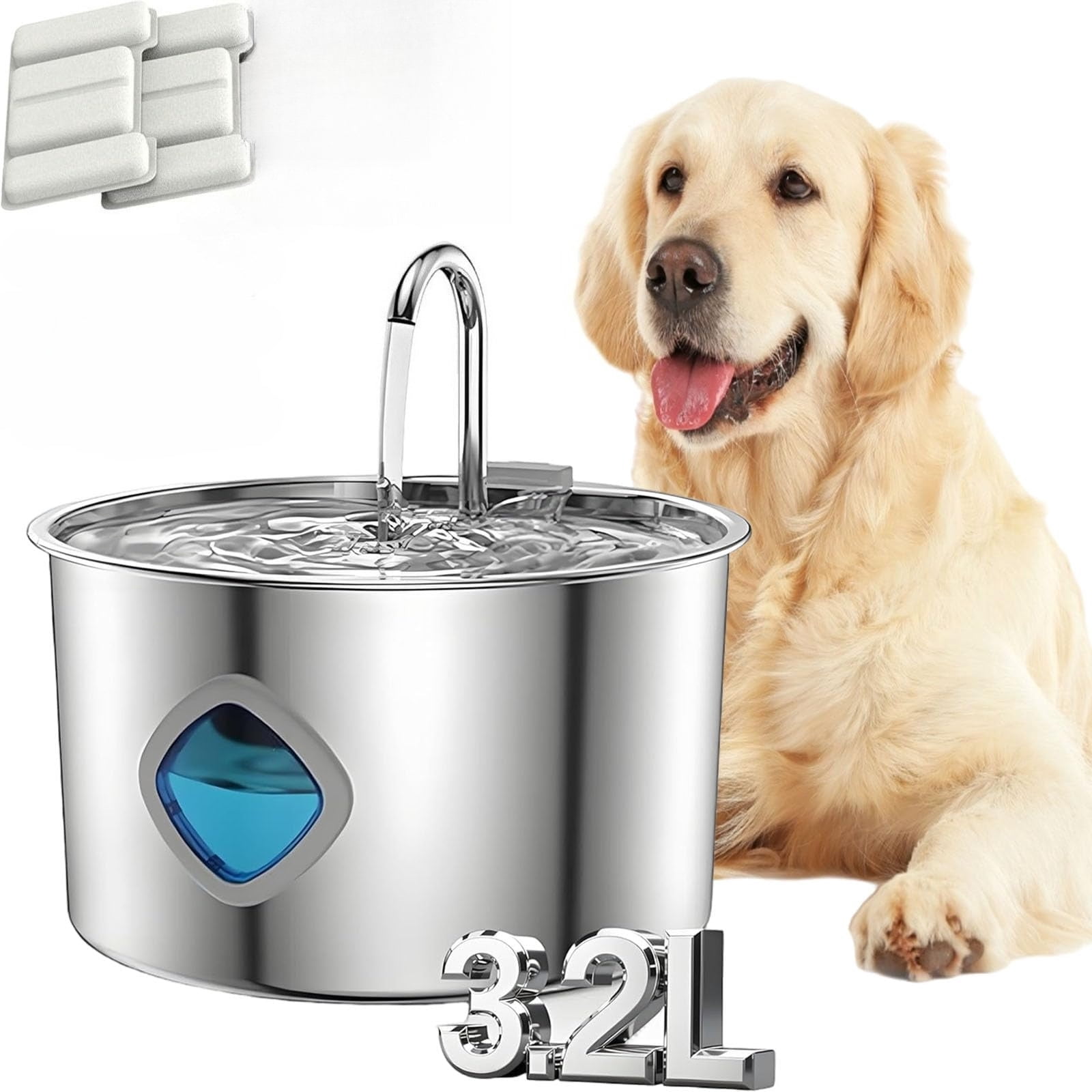 3.2L Pet Water Fountain, Large Capacity Dog Stainless Steel, Silent Low-Noise Design, Multi-Filtration, LED Low‑Water Alert, Suitable for Home Use