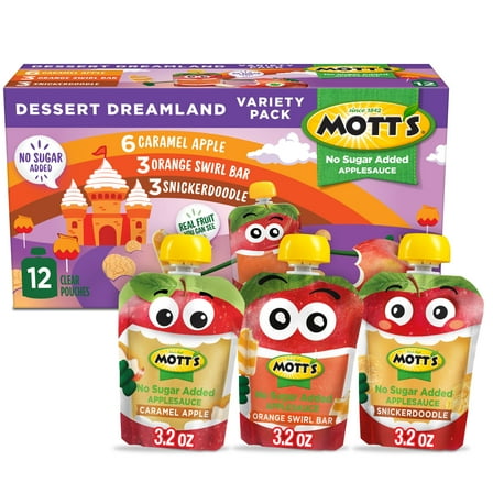 Mott’s No Sugar Added Dessert Dreamland Applesauce Variety Pack, 3.2 oz, 12 Count Clear Pouches