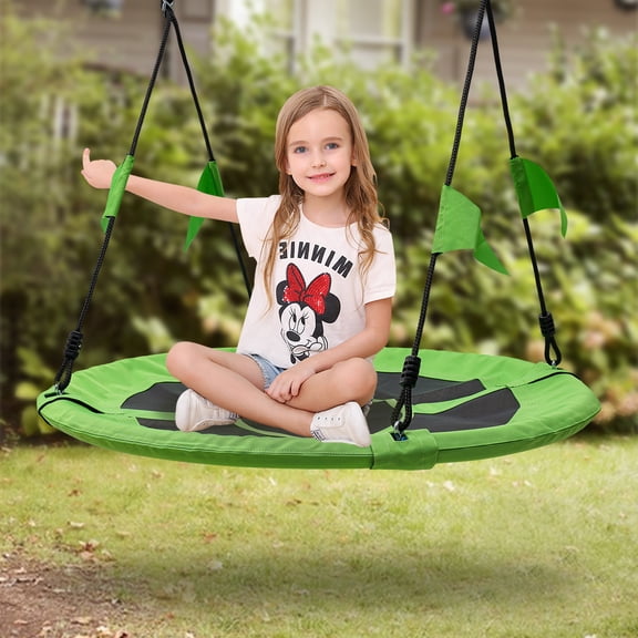 3.2ft Round Outdoor Platform Saucer Portable Tree Swing with Adjustable Hanging Ropes for Children Kid Green