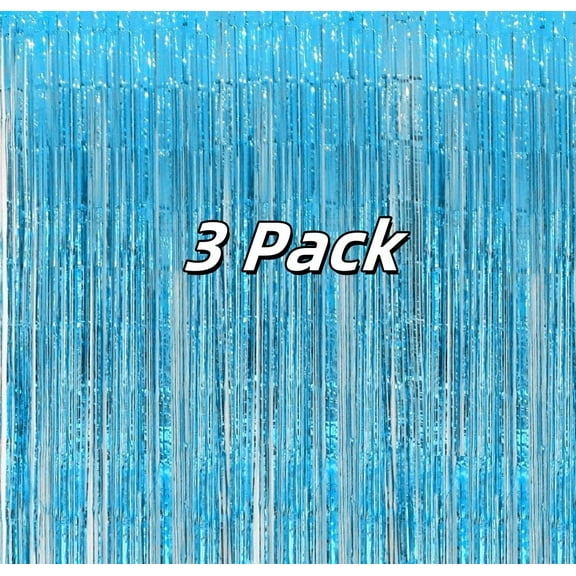 3.2ft x 6.5ft Tinsel Curtain Party Backdrop Decorations, Lake Blue Metallic Foil Fringe Backdrop Door for Bachelorette Party Decorations,Graduation Decorations,Streamers,Birthday Backdrop(3 Pcs)