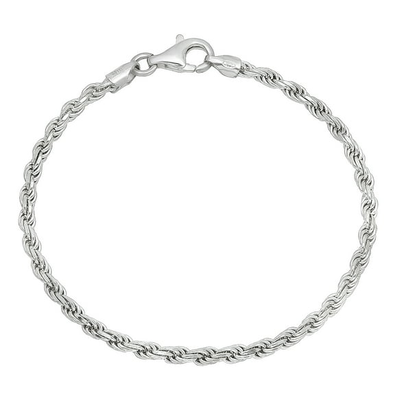 3.2mm Diamond-Cut Rhodium Plated Silver Twisted Rope Chain Link Bracelet, 9 inches