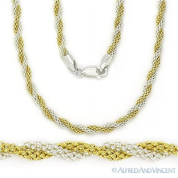 3.2mm Popcorn Link Twist-Rope Spiral Chain Necklace in 2-Tone .925 Sterling Silver w/ 14k Yellow Gold