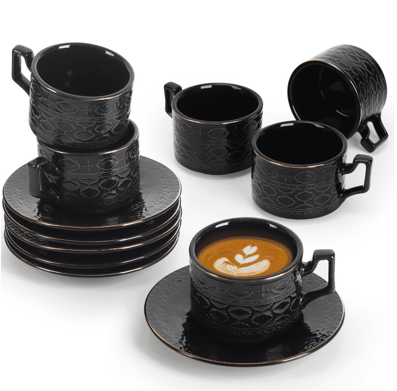 3.2oz Ceramic Cappuccino Cup and Saucer 6-Piece Set – Stackable Coffee ...