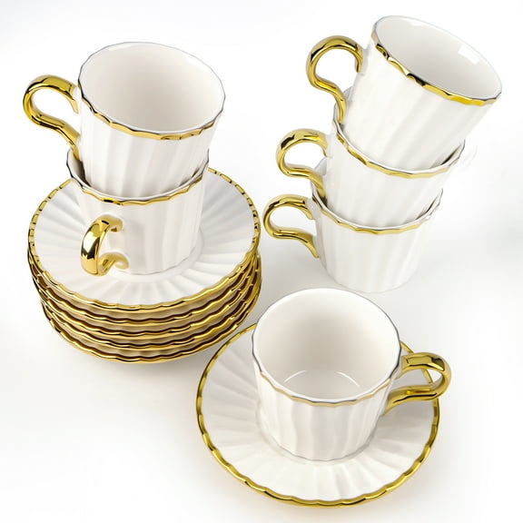 3.2oz European Ceramic Espresso Cups & Saucers Set of 6, White & Gold Trim Luxury Coffee Set, Microwave & Dishwasher Safe, Gift Ideas for Home & Coffee Lovers