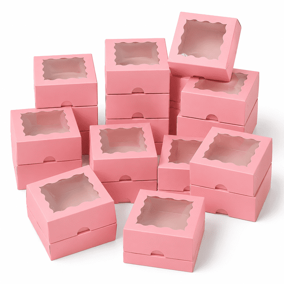 3.2x3.2x1.5 Inches Chocolate Truffle Boxes Mini Bakery Boxes with Window for Cookies, Soap, Donut, Macaron, Brownie (Pink)