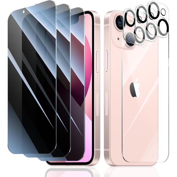 3+3+1-Pack, Privacy Screen Protector and Camera Lens Protector for iPhone 13 with Back Tempered Glass Film, Anti-Spy, Dark Private Black Protection, 9H Hardness, Anti-Scratch