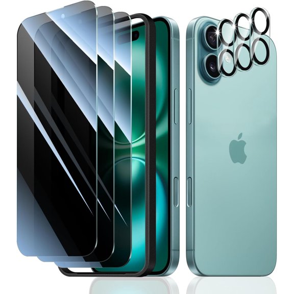 3+3+1-Pack, Privacy Screen Protector and Camera Lens Protector for iPhone 16 with Installation Alignment Aid, Anti-Spy Tempered Glass Film, Dark Private Black Protection, Anti-Scratch