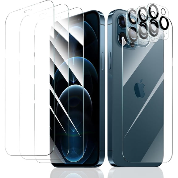 3+3+1-Pack, Screen Protector and Camera Lens Protector for iPhone 12 Pro Max with Back Tempered Glass Film, Impact-Protection, HD, Anti-Scratch, 9H Hardness, Case Friendly, Bubble Free
