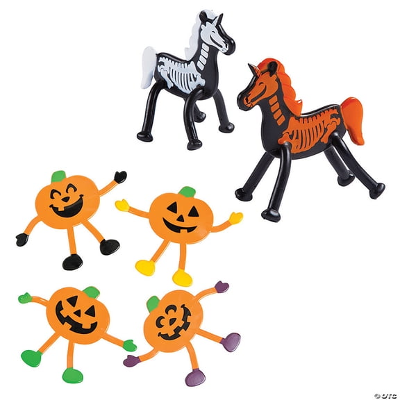 3 3/4"  4" Bulk 48 Pieces Halloween Skeleton Unicorn & Jack-O'-Lantern Bendable Assortment