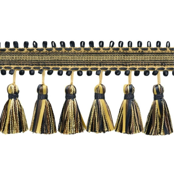 3 3/4" (9.5cm) Heirloom Collection Ribbon Loop Gimp with Satin Ribbon Tassel Fringe Trim # RTF0375,, Pecan Brown #21768 (Chocolate Brown, Pure Black, Light Gold) 5 Yards (15 ft/4.5m)