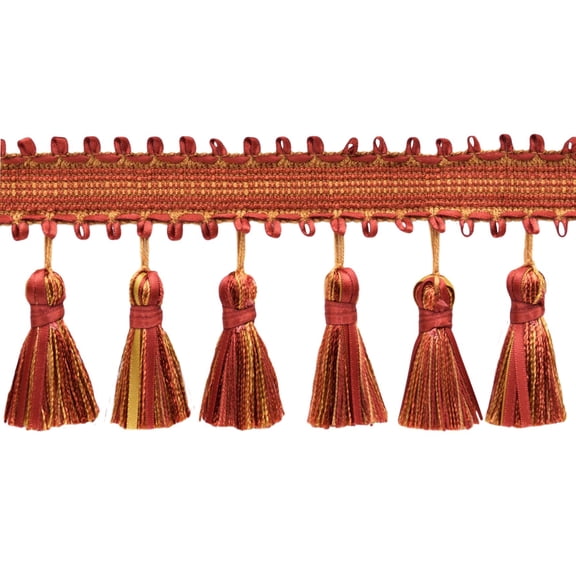 3 3/4" (9.5cm) Heirloom Collection Ribbon Loop Gimp with Satin Ribbon Tassel Fringe Trim # RTF0375,, Toasted Red #81857 (Rust Red, Dark Orange, Beige Brown) 5 Yards (15 ft/4.5m)