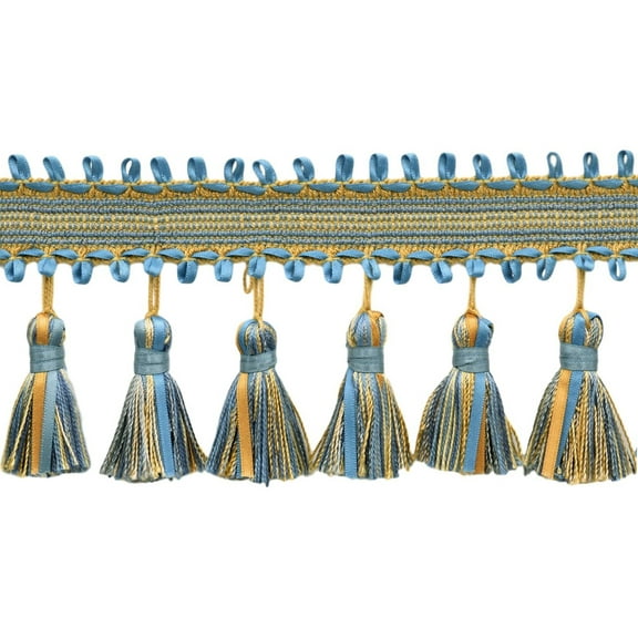 3 3/4" (9.5cm) Heirloom Collection Ribbon Loop Gimp with Satin Ribbon Tassel Fringe Trim # RTF0375,, Coastline Blue #51527 (Light Blue, Yellow Gold, Light Yellow) 14 Yards (42 ft/12.5m)