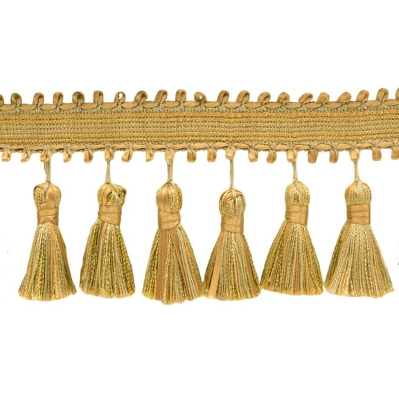 3 3/4" (9.5cm) Heirloom Collection Ribbon Loop Gimp with Satin Ribbon Tassel Fringe Trim # RTF0375,, Medallion Gold #51186 (Beige Gold, Yellow Gold, Light Gold) Sold By The Yard (36"/3 ft/0.9m)