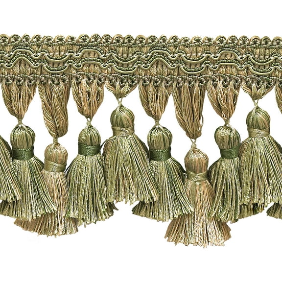 3 3/4" (9.5cm) Imperial Scroll Gimp with Soft Sheen Tiered Tassel Fringe Trim # TFI2,, Beige Khaki Green #4567 (Khaki Green, Dark Beige, Khaki Beige) 5 Yards (15 ft/4.5m)