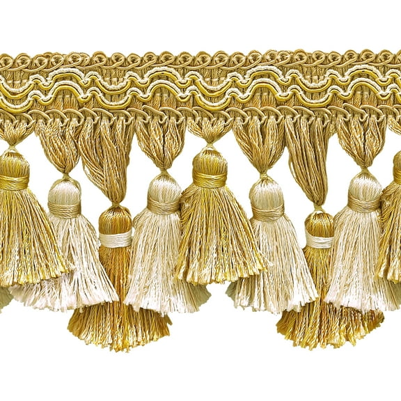 3 3/4" (9.5cm) Imperial Scroll Gimp with Soft Sheen Tiered Tassel Fringe Trim # TFI2,, Ivory Beige Gold #2523 (Yellow Gold, White Ivory, Light Beige) 5 Yards (15 ft/4.5m)