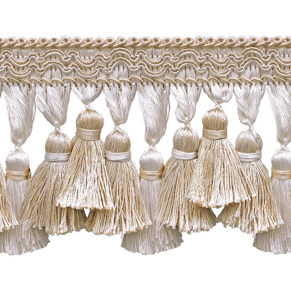 3 3/4" (9.5cm) Imperial Scroll Gimp with Soft Sheen Tiered Tassel Fringe Trim # TFI2,, Seashell Ivory #5055 (White Ivory, Off White) 5 Yards (15 ft/4.5m)