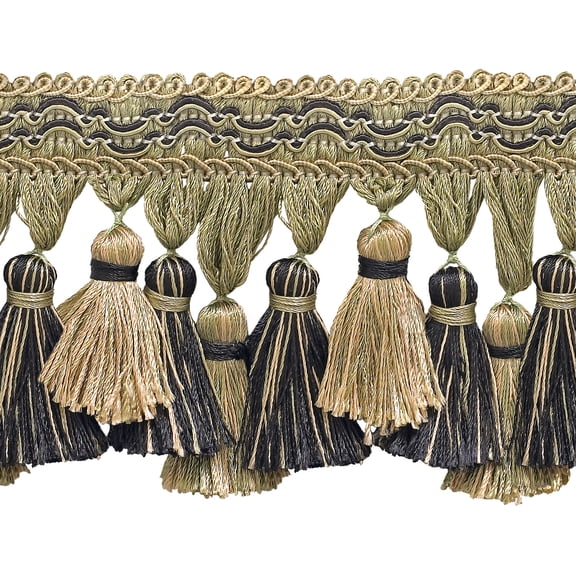 3 3/4" (9.5cm) Imperial Scroll Gimp with Soft Sheen Tiered Tassel Fringe Trim # TFI2,, Tan Beige Black #4363 (Pure Black, Tan Beige, Light Beige) Sold By The Yard (36"/3 ft/0.9m)