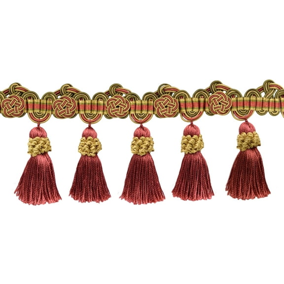 3 3/4" (9.5cm) Intricate Double Scroll Header and Rosette with Crown Tassel Fringe Trim # TFAX0375,, Golden Beige Red #LX07 (Rust Red, Gold Beige, Red Orange) 12 Yards (36 ft/11m)