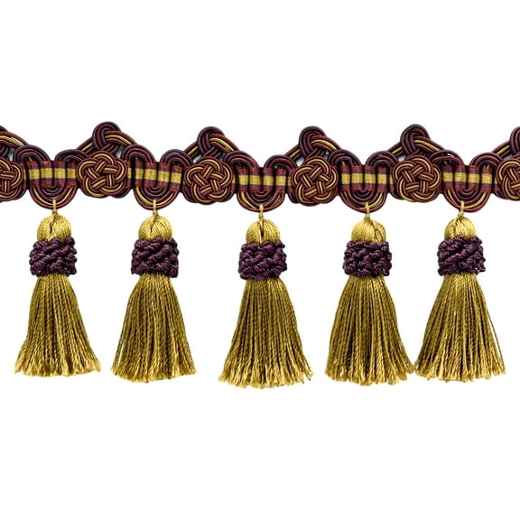 3 3/4" (9.5cm) Intricate Double Scroll Header and Rosette with Crown Tassel Fringe Trim # TFAX0375,, Golden Brown Beige #LX09 (Golden Beige, Dark Red, Plum Purple) 5 Yards (15 ft/4.5m)