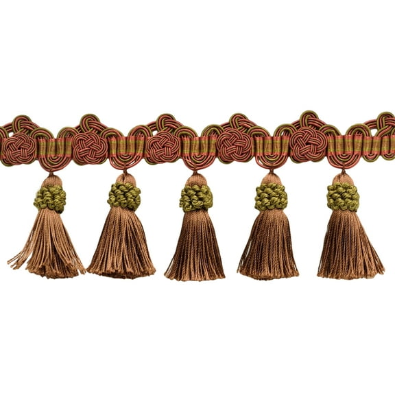 3 3/4" (9.5cm) Intricate Double Scroll Header and Rosette with Crown Tassel Fringe Trim # TFAX0375,, Holiday Chocolate Red #LX08 (Light Brown, Light Red, Olive Green) Sold By The Yard (36"/3 ft/0.9m)
