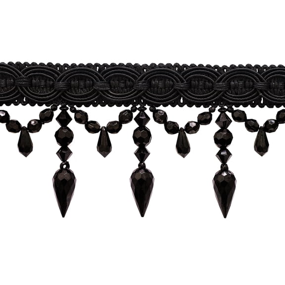 3 3/4" (9.5cm) Long Decorative Beaded Fringe Trim with Fancy Gimp Header, Large Teardrop Design # BF334,, Pure Black #K9 (Jet Black) Sold By The Yard (36"/3 ft/0.9m)