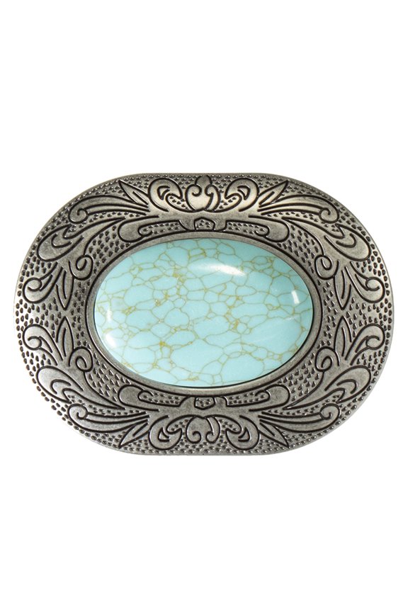 3-3/4 X 2-3/4 Blazin Roxx Oval Buckle Turquoise Stone Engraved Scrolling Antique Silver Finish
