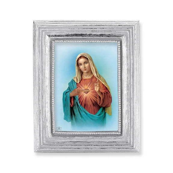 Hirten 3-3/4" x 4-1/2" Silver Frame with a 2.5" x 3.5" Immaculate Heart of Mary Print Wall Art Print Religious Plaque Picture Image | Silver-Leaf Frame