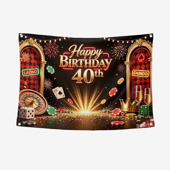 3.3*5FT Casino Birthday Backdrop Las Vegas Casino Night Happy 40th Birthday Photography Background Casino Night Theme Birthday Decorations Backdrops Cake Table Banner