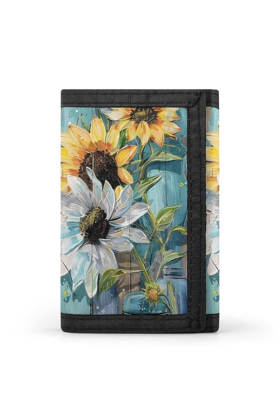 3.35in Three-Fold Wallet Is Compact In Size Convenient To Carry Easy To Open And Close And Durable Turquoise Wood Farmhouse Sunflowers (6)