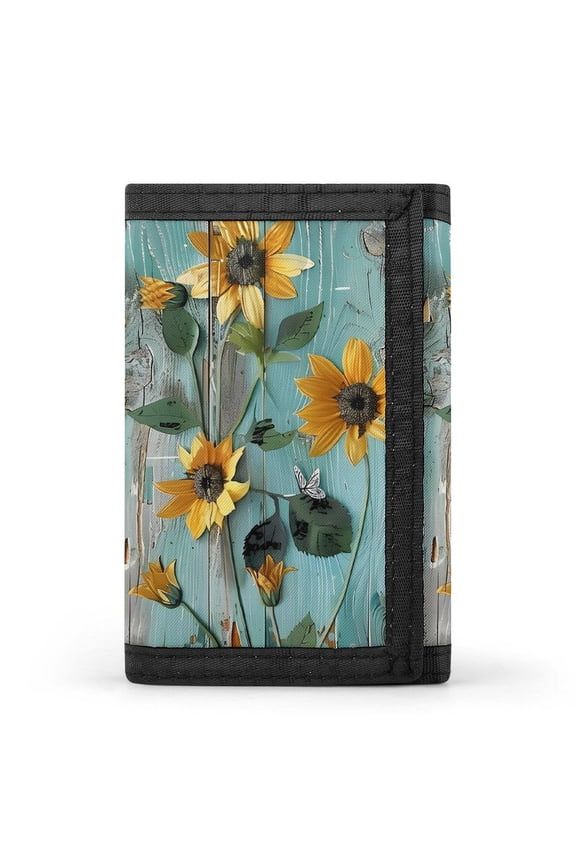 3.35in Three-Fold Wallet Is Compact In Size Convenient To Carry Easy To Open And Close And Durable Turquoise Wood Farmhouse Sunflowers (8)