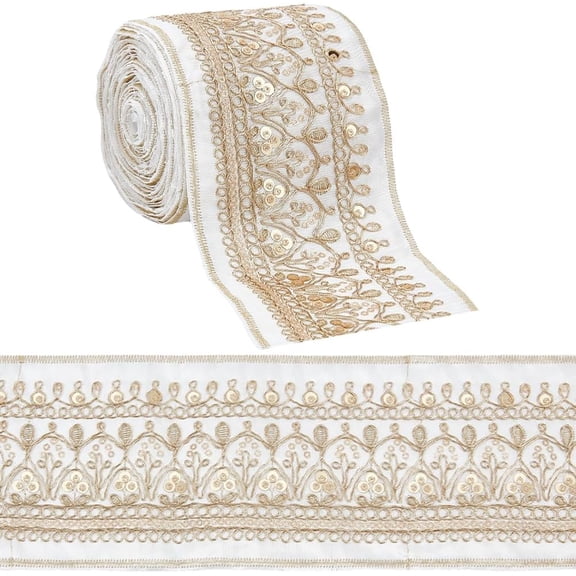 3 3/8 Inch Wide White Gold Jacquard Ribbon Metallic Sequin Bead Embroidered Woven Trim Tape Boho Embroidery Fabric Applique Ribbons