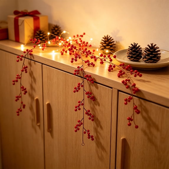 3.3 FT Artificial Christmas Garland with Red Berry, Bendable Faux Berry Rattan Vine for Mantel, Window Frame, Doorway, Stair Railing, Indoor and Covered Outdoor Xmas Holiday Decoration