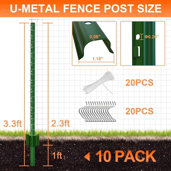 3.3 Feet (L) Fence Post 10 Pack Metal Fence Posts, Green Garden Fence Post with 20 Zip Ties and 20 Metal Clips, for Wire Fencing, Yard, Lawn, Outdoor Landscaping