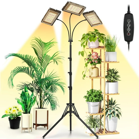 GPED 3-Head Grow Light with Stand, LED Plant Light for Indoor Plants, Full Spectrum Plant Grow Light with 10 Dimmable Levels & 3 Switch Modes, 3/6/12H Timer & Adjustable Tripod Stand(21-67 inches)