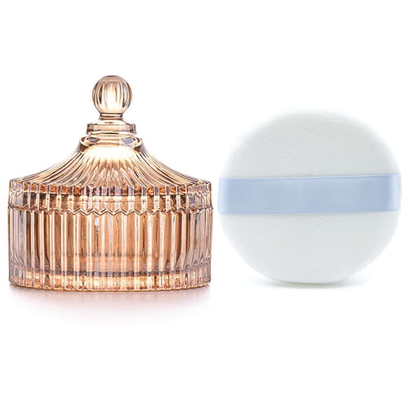 3.3 Inch High Density Velvet Powder Puff with Amber Glass Storage Jar, Reusable Washable Loose Powder Container for Face & Body Makeup